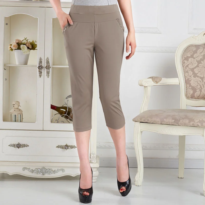 2022 Summer Women's Capris Pants New High Waist Elastic Straight Pants Middle-aged Female Mother Casual Short Trousers 7 Colors fashion casual straight leg jumpsuit women s solid color middle waist lapel short sleeved single breasted jumpsuit pants