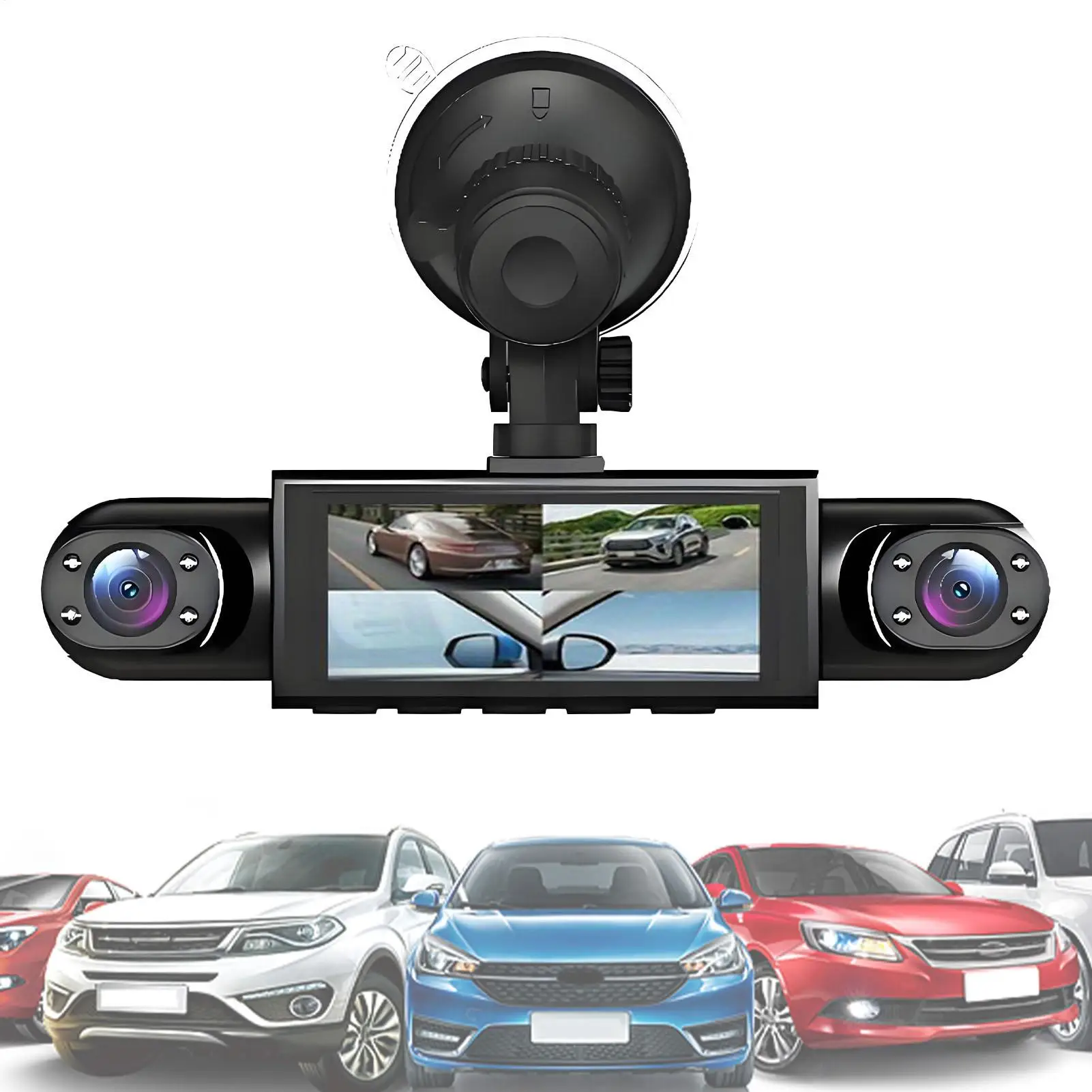Telecamera da cruscotto per auto a 4 canali alimentata a batteria, videocamera 1080P con scheda da 32 GB, vista anteriore, posteriore, sinistra e destra, monitor di retromarcia per veicoli - Image 5