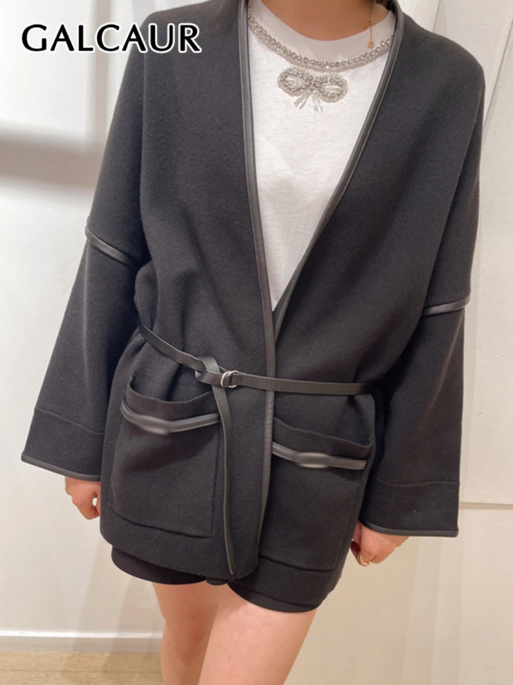 

GALCAUR Casual Minimalist Spliced Tassels Sweaters For Women V Neck Long Sleeve Patchwork Belt Solid Knitting Cardigan Female