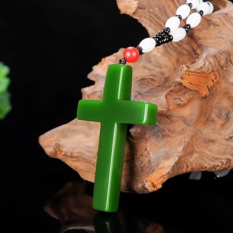 

Cross Jesus Carved Jade Pendant Natural Chinese Green Necklace Charm Jadeite Jewellery Fashion Lucky Amulet Gifts Women