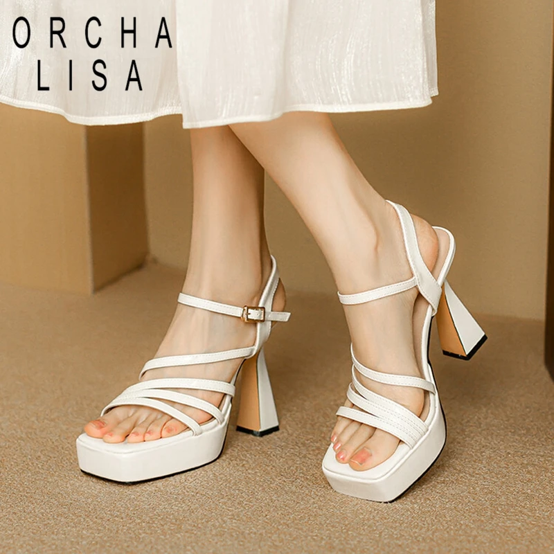 

ORCHA LISA Brand Peep Toe Women Sandals 12cm Thick Block Heel 3cm Platform Cross Straps Buckle Party Big Size 42 43 Whiet Nude