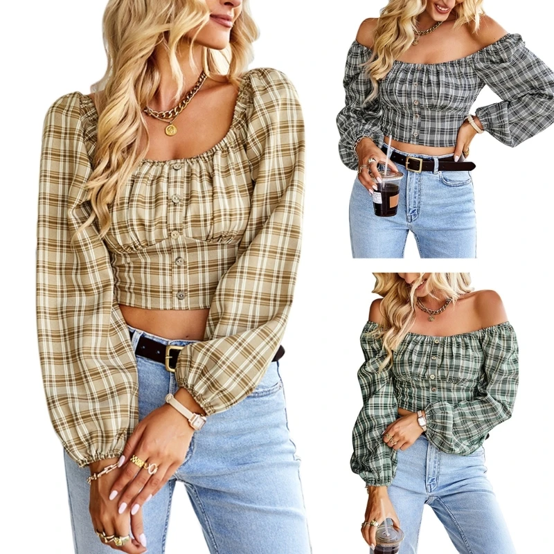 

Womens Crop Top Casual Shirt Slim Cute Shirts U-Neck Long Sleeve Button Blouse