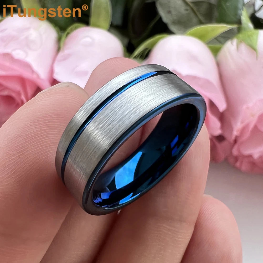 iTungsten 8mm Dropshipping Black Men Ring Women Tungsten Wedding Band Offset Groove Brush Finish Excellent Quality Comfort Fit