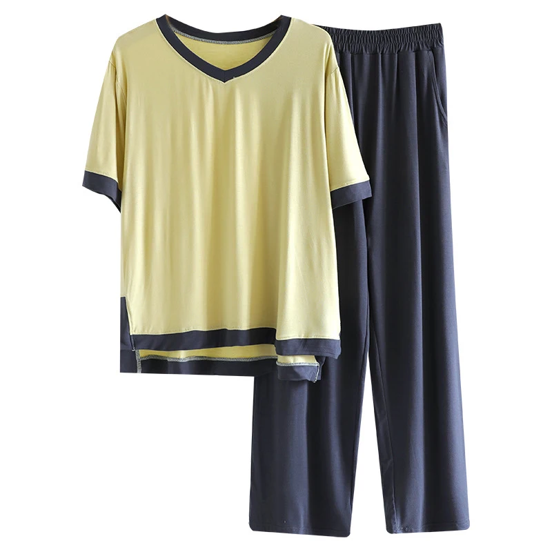 Women's Thin Modal Home Clothing Set Patchwork V-neck Short Sleeves+Pants Comfortable Pajamas Spring Summer Lady Loose Sleepwear