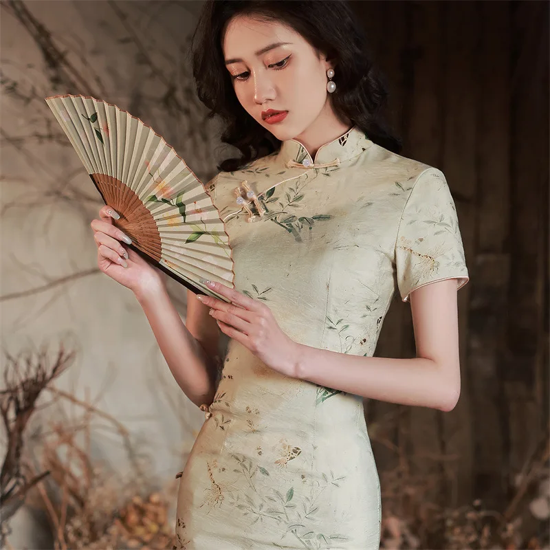 

Yourqipao 2023 New Mid-length Chinese Women Long Cheongsam Dress Retro Improved Old Shanghai Qipao Hanfu Skirt Tang Suit Sets