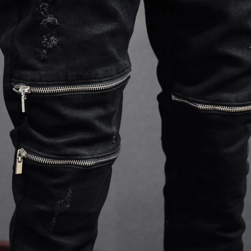 High Street Fashion Men Jeans Black Elastic Stretch Skinny Ripped Jeans Men Zipper Designer Spliced Hip Hop Punk Pants Hombre