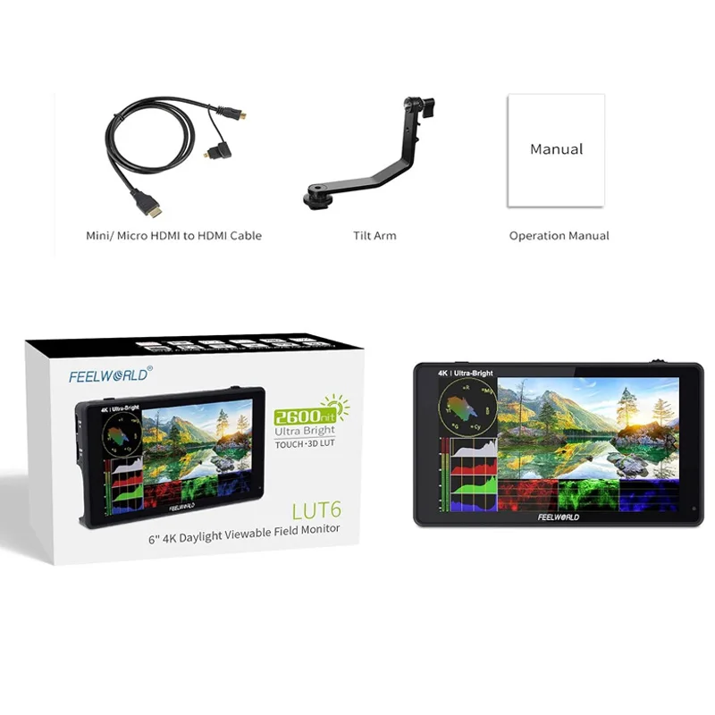 FEELWORLD LUT6 6-inch 2600nits HDR HDMI LUT 6 4K Touch Photography Field Monitor Waveform Vector Histogram Videos Peaking Focus