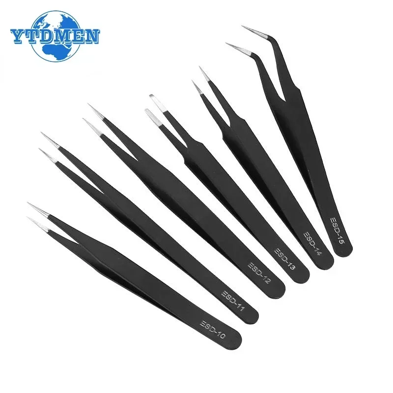 2/6pcs ESD Anti-Static Stainless Steel Tweezers Precision Maintenance Industrial Electronic Repair Tool Home Model Making Tools