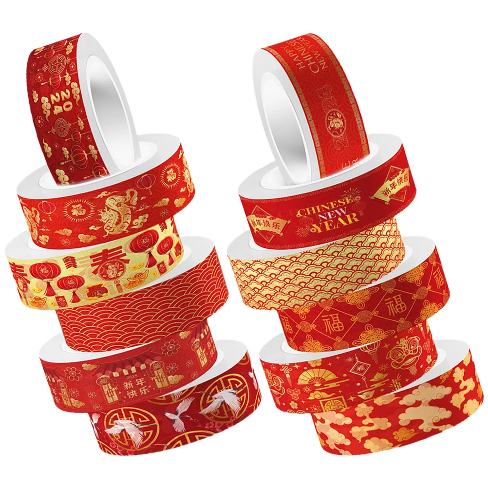 

12 Rolls Washi Tape Chinese New Year Style Red Set 2024 Spring Festival Tapes Diy Label Scrapbooking Dragon Decor