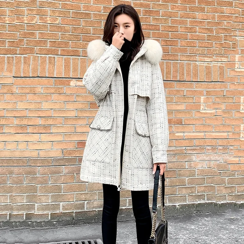2023 Korean Version Parka Mid Length Large Woolen Collar Cotton Jacket for Women Loose Fitting Black Parka Thickened New Coat V4