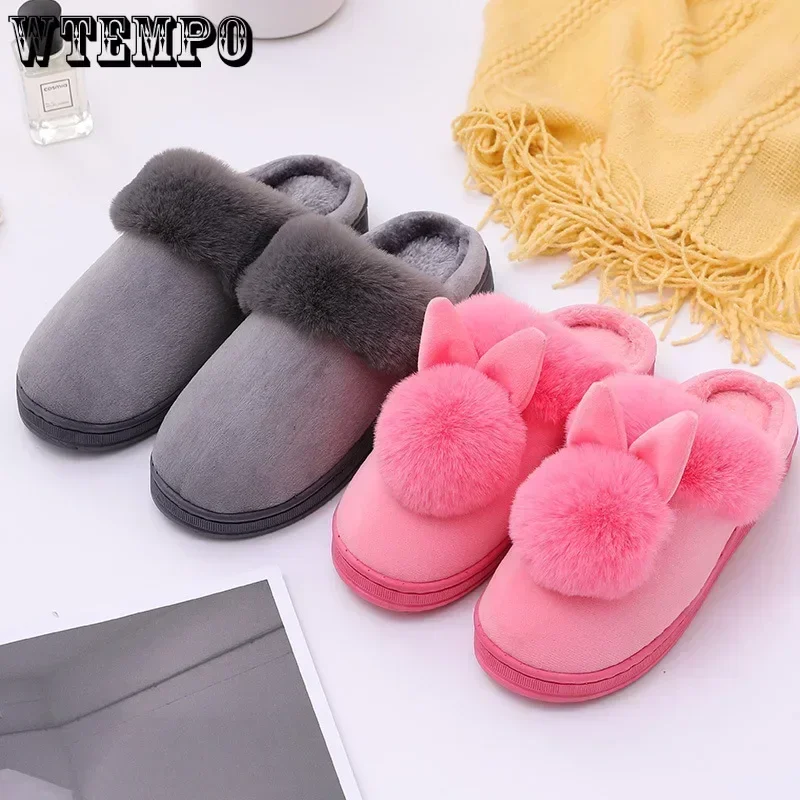WTEMPO Female Furry Plush Slippers Home Indoor Ladies Soft Shoes Fluffy House Shoes Women Winter Warm Slippers Cute Rabbit Ears
