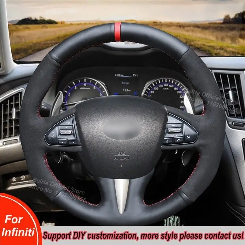

DIY Hand-Stitched For Infiniti Q50 QX50 Steering Wheel Cover Durable Black Suede Leather Wrap Interior Accessories