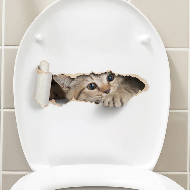 Autocollant de toilette chaton déchiré, effet 3D, pour siège de toilette de salle de bains, autocollant étanche auto-adhésif 4