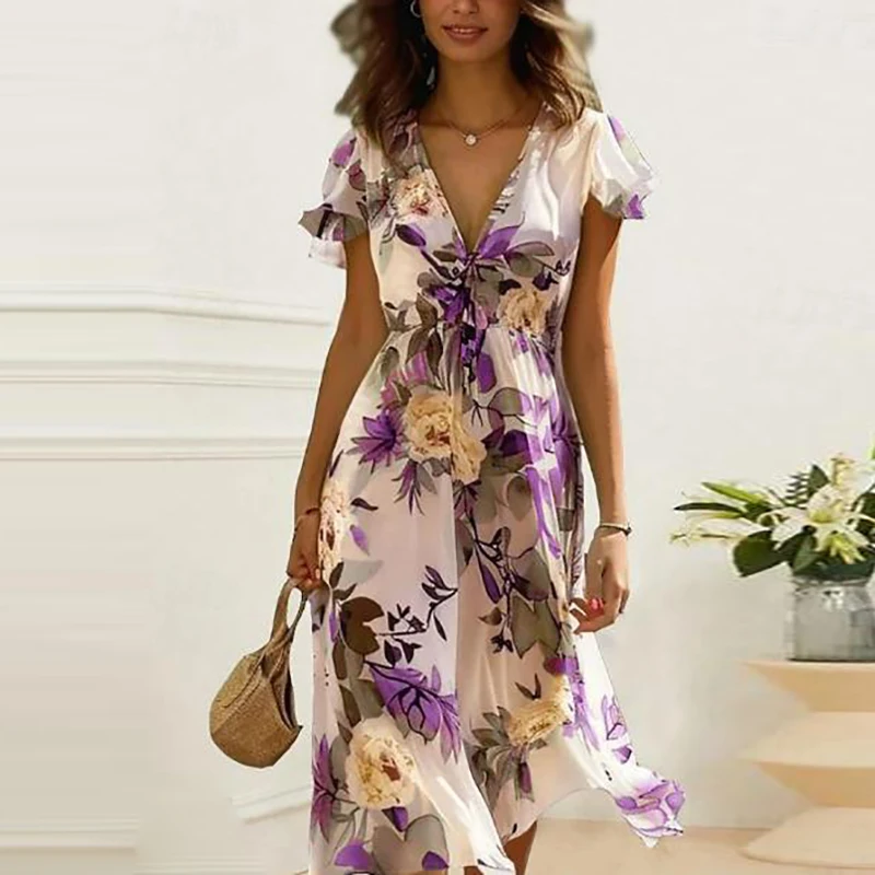 

Женское элегантное платье с цветочным принтом и V-образным вырезом, модное Плиссированное богемное длинное платье с высокой талией, повседневное праздничное платье с коротким рукавом