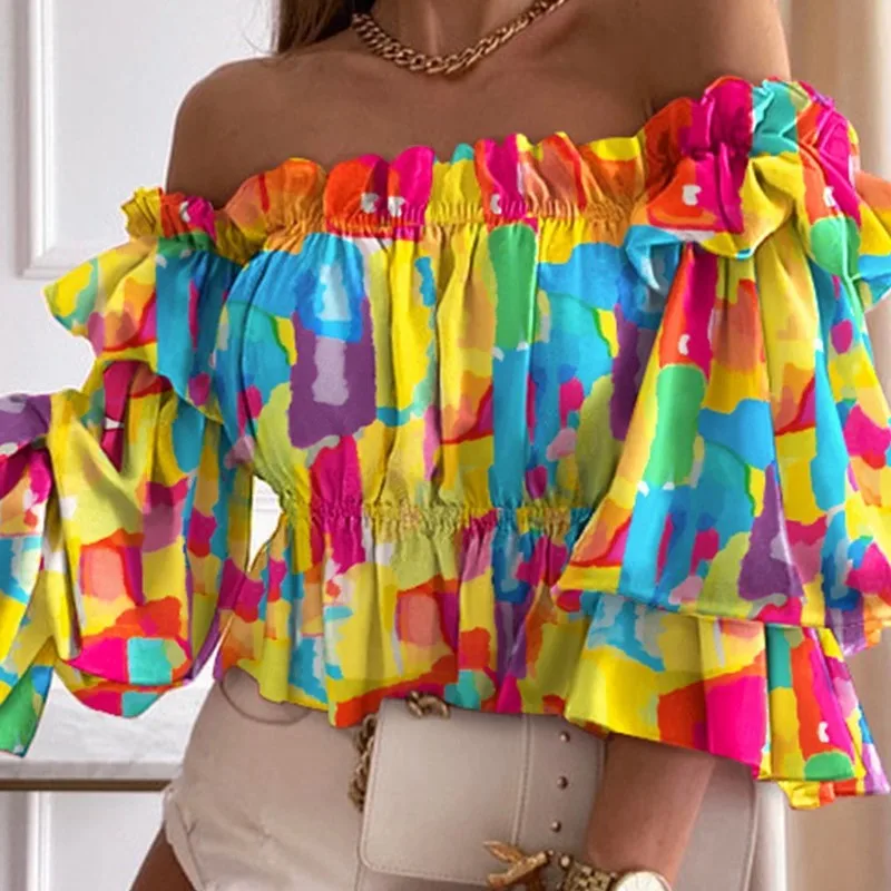 

Women Blouse Sexy Off Shoulder Multi-layer Tops Colorful Pleated Ladies Flare Sleeve Shirt For Dating Club For Autumn Camisas