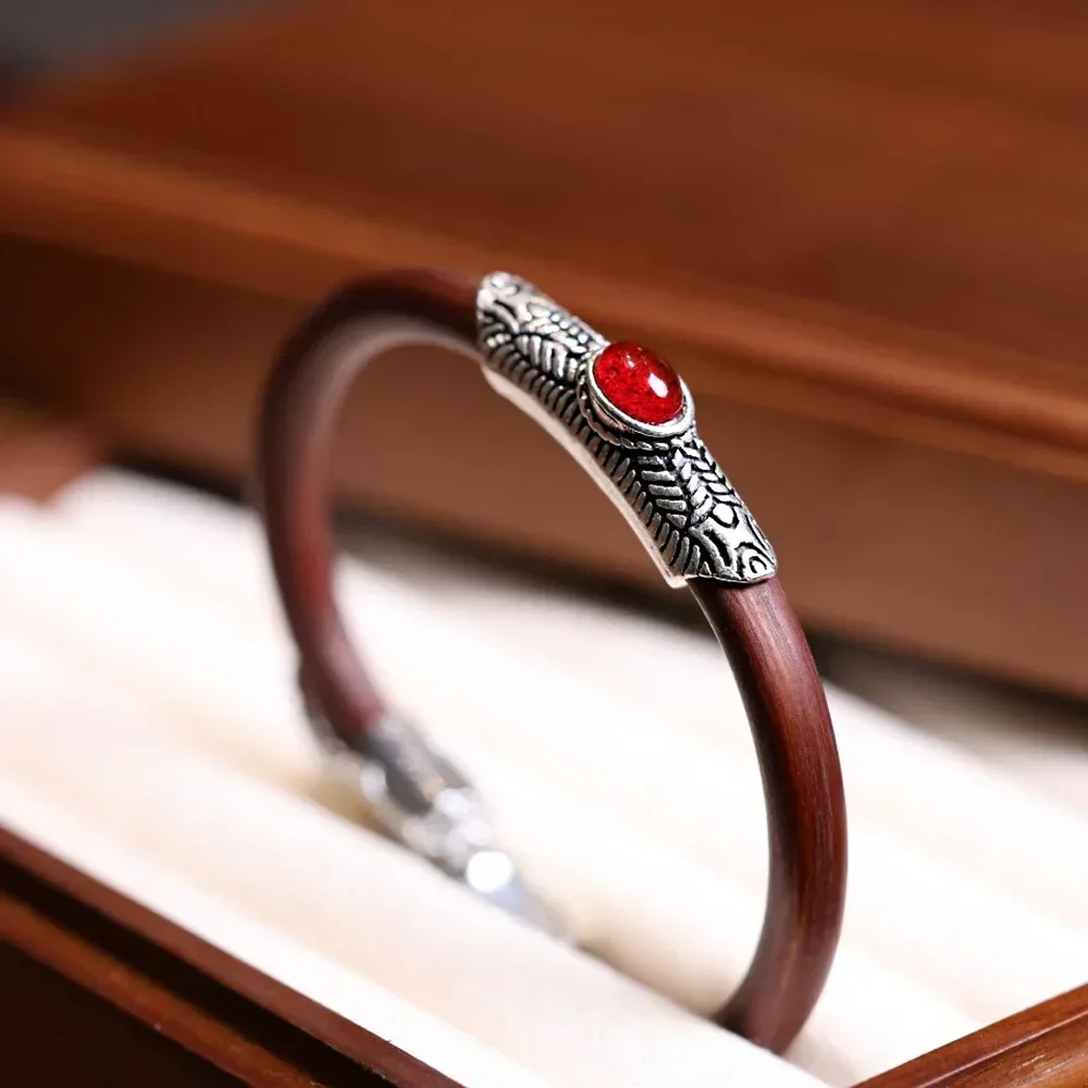 Natural Chicken Blood Vine Adjustable Bangles Vintage Couple Set Cat's Eye Stone Opening Knotless Wooden  Party Jewelry 2