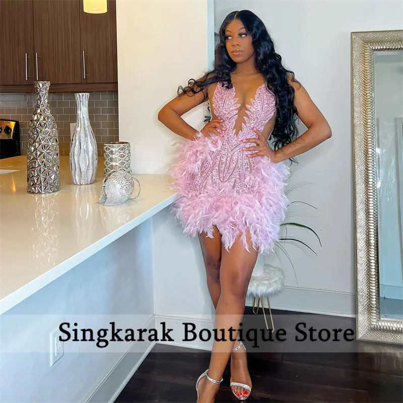 Women Prom Dresses Pink Diamond Short Prom Dress Luxury Sheer Neck Beads Crystal Feather Birthday Party Cocktail homecoming Gowns Robe