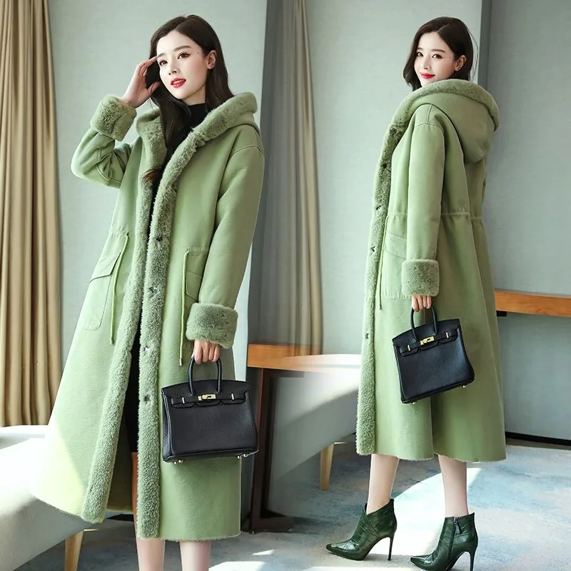 2023 Winter New Women Faux Fur Coat Thicken Thermal Slim Fit Vintage Outwear Female Long Below The Knee Fashion Hooded Parkas