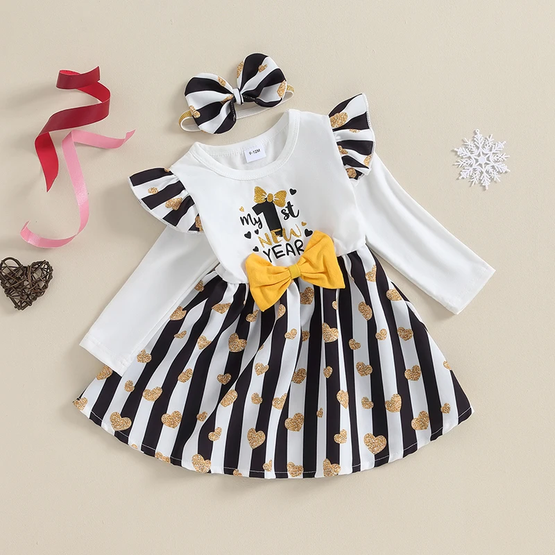 

My First New Years Baby Girl Outfit 2024 Heart Print Bow Front Dress with Headband 2Pcs New Years Eve Clother Set