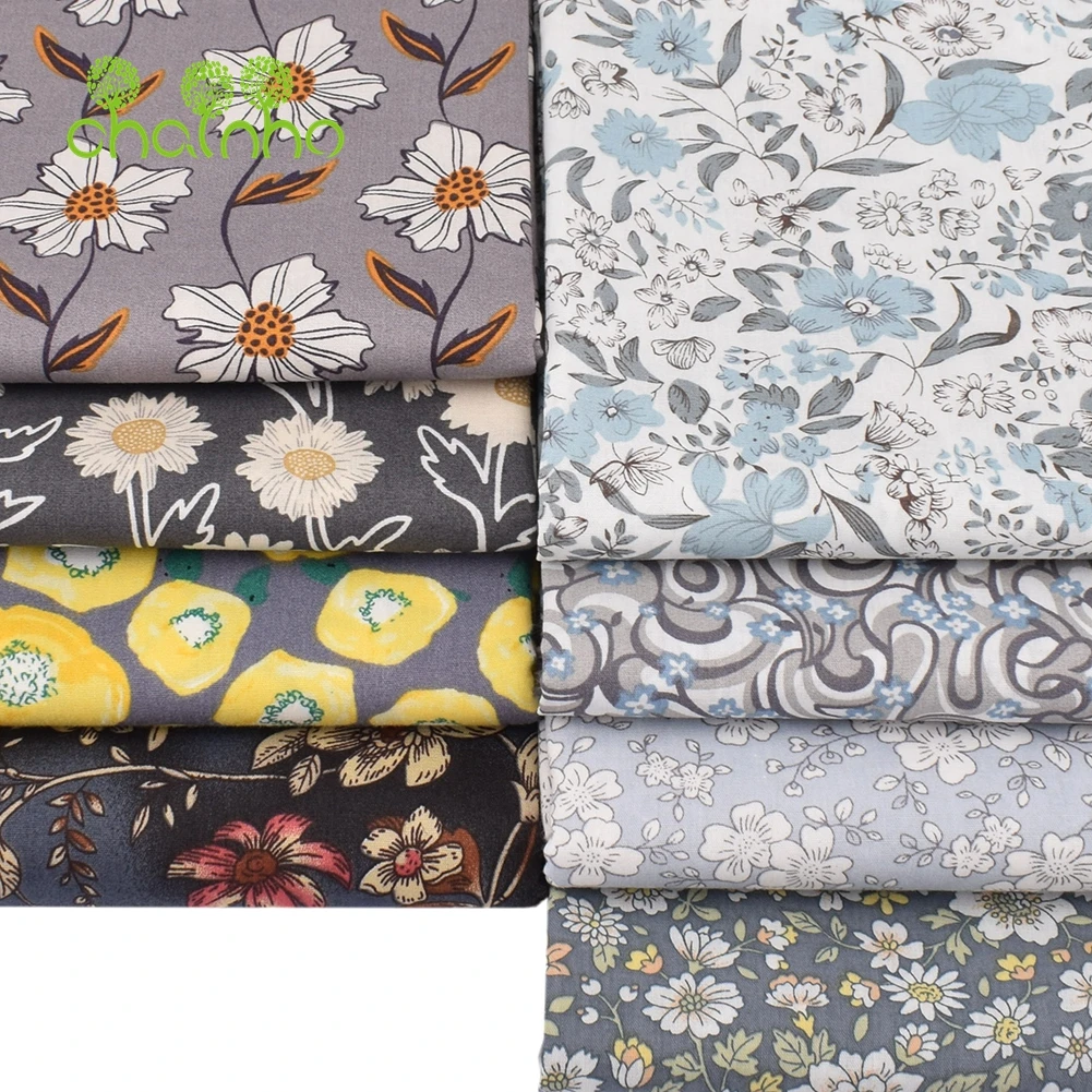 Chainho,Printed Plain Weave Poplin Cotton Fabric,Gray Floral Series,DIY Sewing Quilting Material,Patchwork Cloth,3 Sizes,15PC99