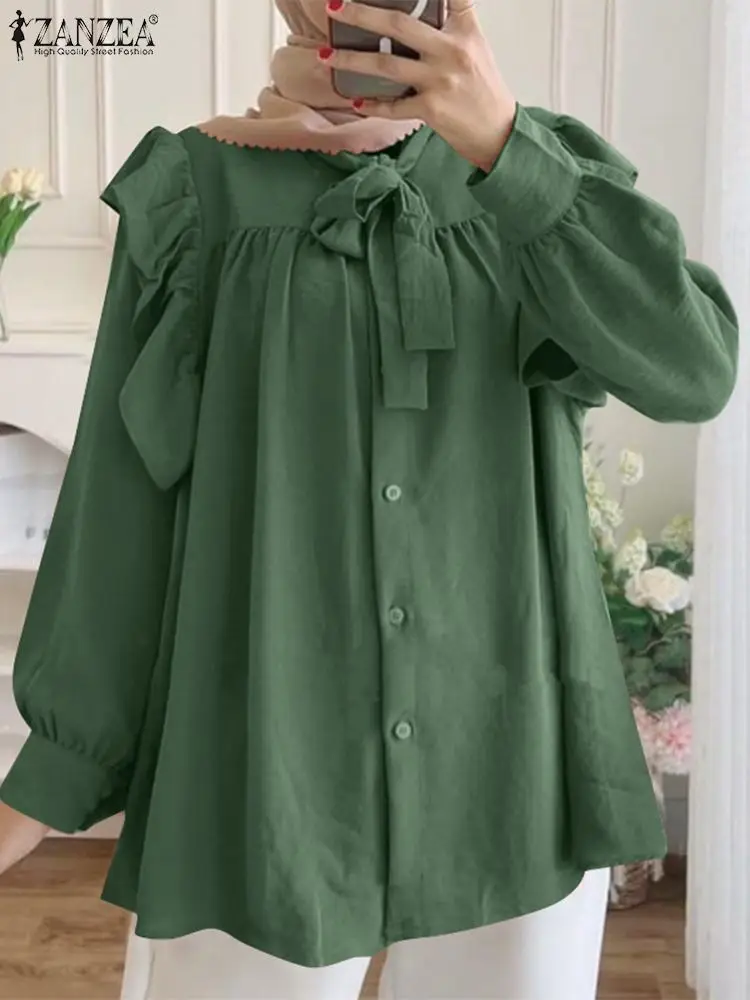 

ZANZEA 2023 Fashion Spring Muslim Tops Casual Ruffles Shirt Abaya Hijab Blusas Islamic Clothing Women Long Sleeve Lace Up Blouse