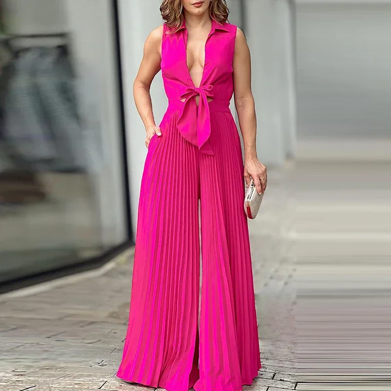 

Elegant Deep V-neck Hollow Long Romper Casual Sleeveless Pocket Solid Loose Party Jumpsuit Fashion Tie-up Waist Pleated Playsuit