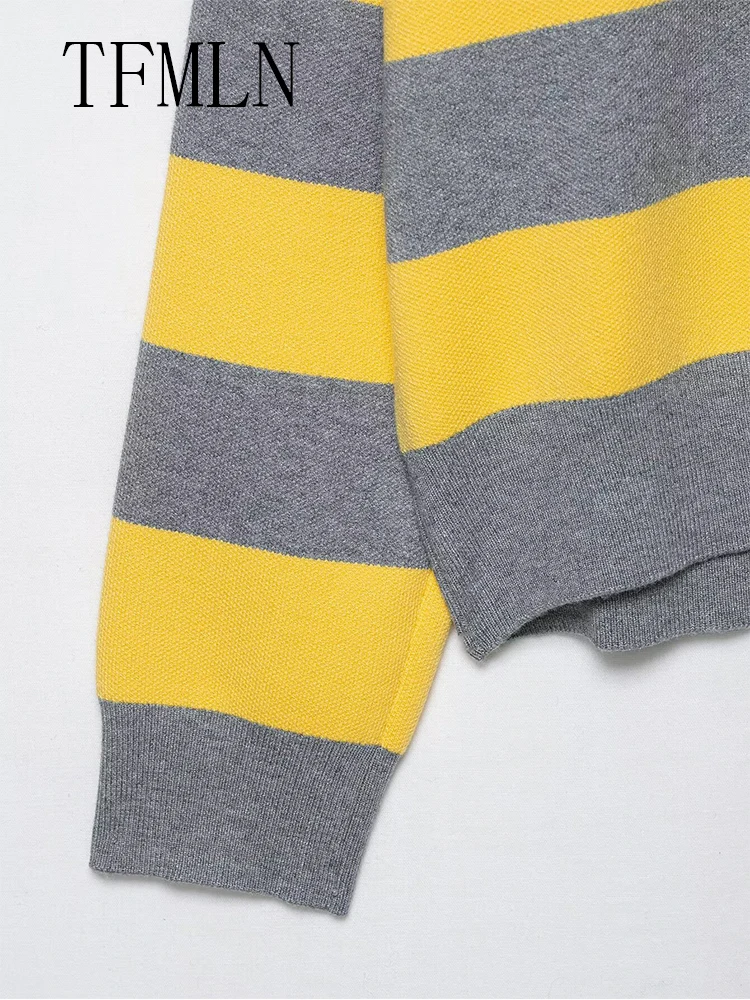 TFMLN Oversize Striped Knitter Sweater For Women 2025 Autumn Fashion Causal Loose Polo Collar Pullover Tops Chic Street Knitwear