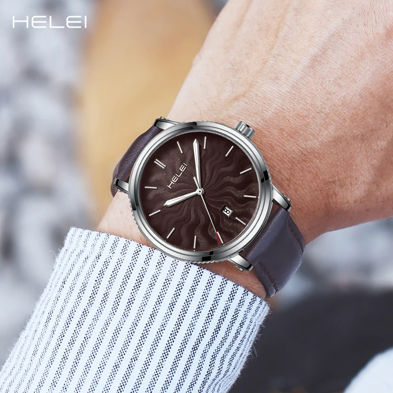 HELEI men's watches bar dial fashion quartz watches calendar display leather men's watches waterproof luminous watches