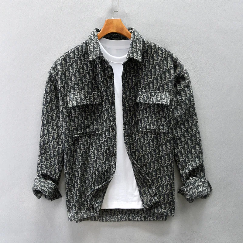 Z201 Winter Fall New Fashion Men Houndstooth Pattern Double Pockets Long Sleeve Jacket Woolen Vintage Casual Lapel Coat Male Top