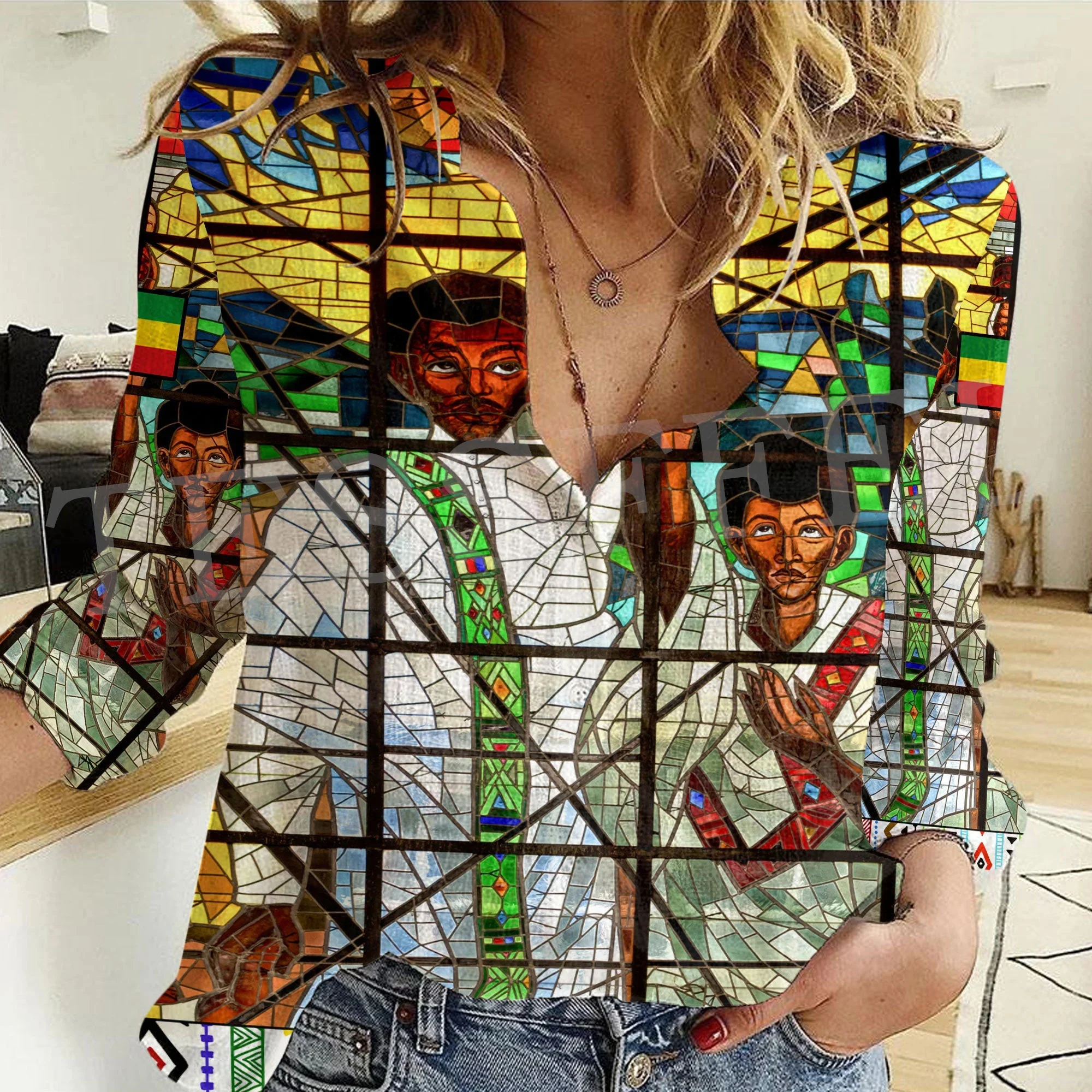 

Africa County Ethiopia Eritrea Tigary Rasta Reggae Lion Tattoo Retro 3DPrint Button-Down Shirts Long Sleeve Women Casual Shirt X