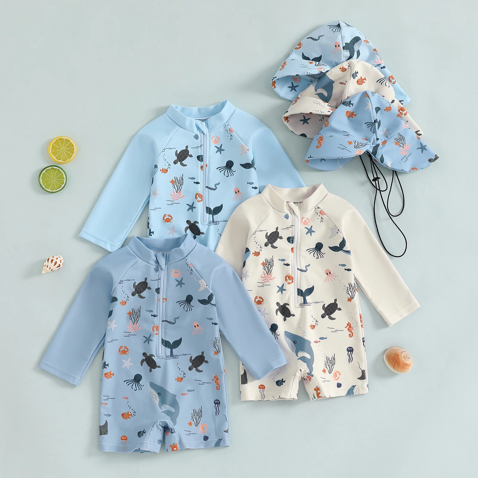 Kids Swimsuits Kids Boys Long Sleeve Swimwear Casual Marine Animal Print Zipper Rash Guard Swimsuit and Hat Beachwear Bathing Suit