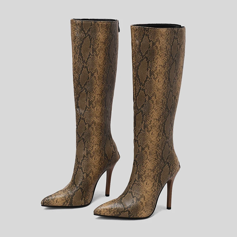 Kcenid Winter Knee High Boots For Women High Heels Pointed Toe Sexy Snakeskin Print Long Boots Fashion Denim Party Shoes Size 48