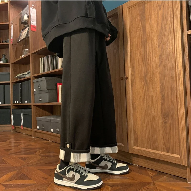 Men's Clothing 2023 Autumn and Winter New Fashion Drawstring Splice Button Solid Color Versatile Oversize Casual Wide Leg Pants