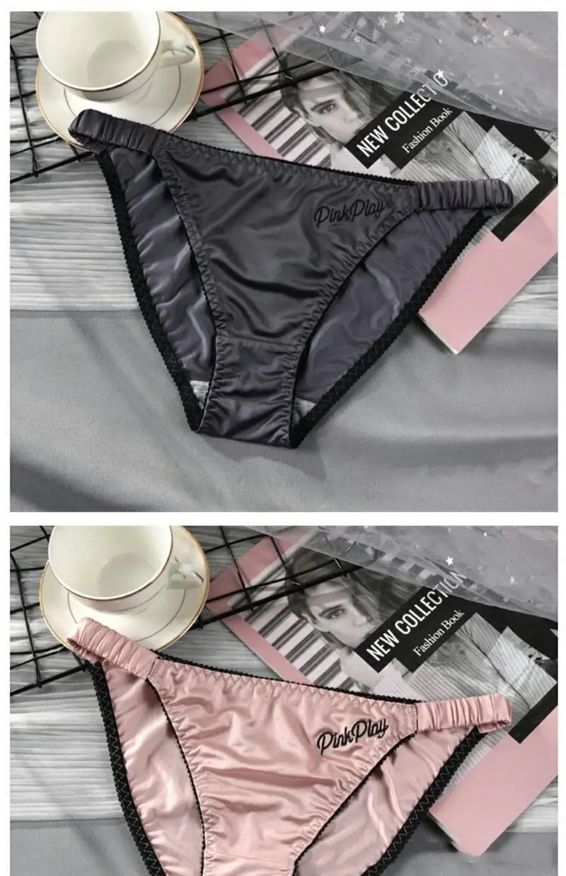 Women Satin Ice Silk Panties With Letter Embroidery Elastic Waistband Lace Trim Briefs Breathable Underpants 8