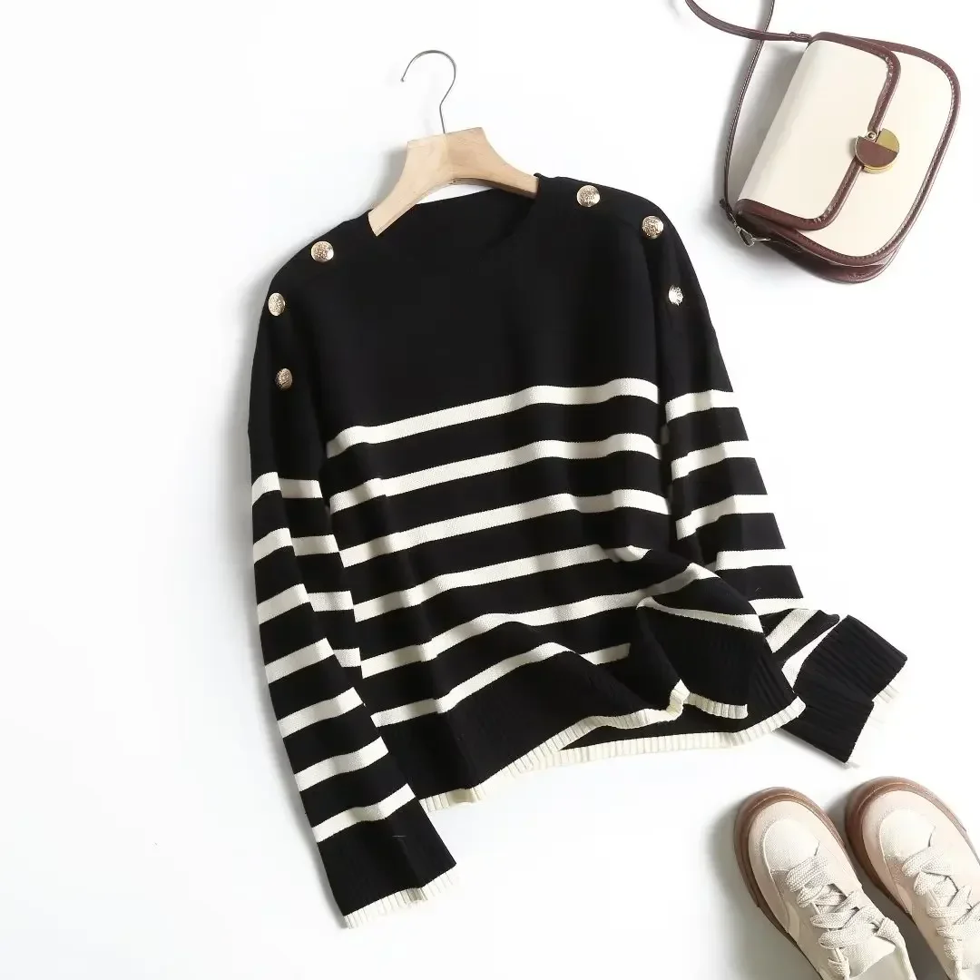 

Women's 2023 Fashion Casual Joker Loose Striped Knit Sweater Retro Long Sleeve Exquisite Button Pullover Chic Top