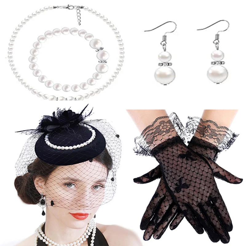 Retro Veil Headdress Camellia Headdress Women's Veil Tea Party Hat Hair Accessories Hairpin Set 5-Piece Set
