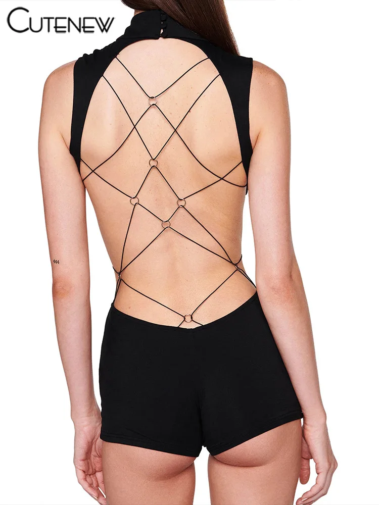 Monos sexys con espalda hueca para mujer, monos sólidos impresionantes sin mangas con cuello alto que moldean el cuerpo, ropa de calle elegante Y2K para mujer