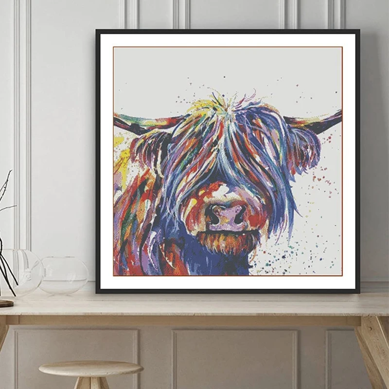 Cross Stitch Kits For Adults,Colorful Highland Cow, Printed Cross Stitch Kits,Stamped Embroidery Kits 15.74X15.74Inch