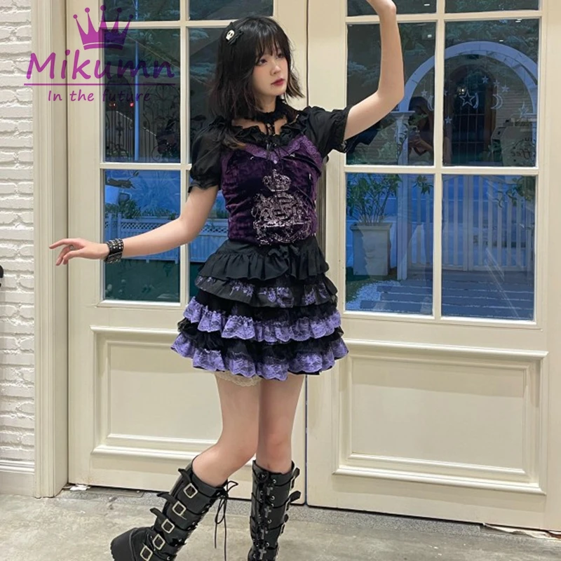 ロリータセットOP+SK パフスリーブ ハイウエスト レース ゴシック