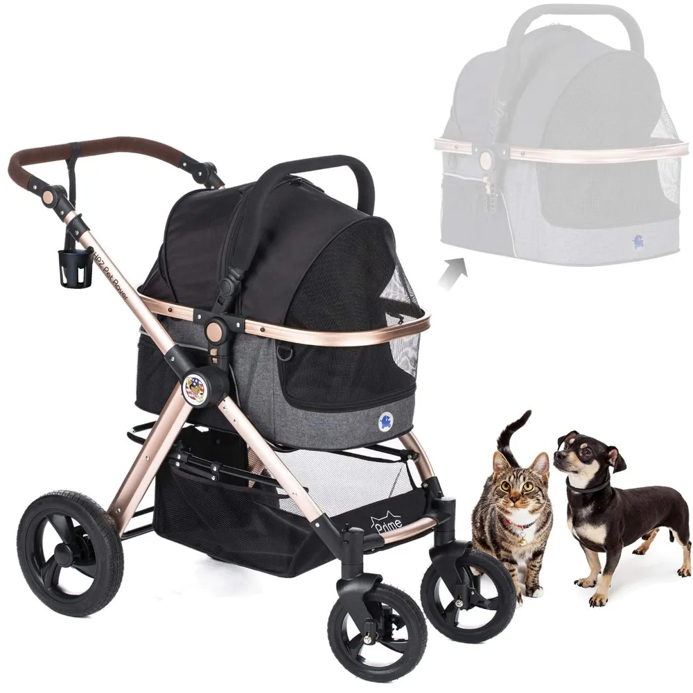 Prime 3-in-1 Luxury Dog/Cat Stroller (Travel Carrier + Car Seat +Stroller) with Detach Carrier/Pump-Free Rubber Tires