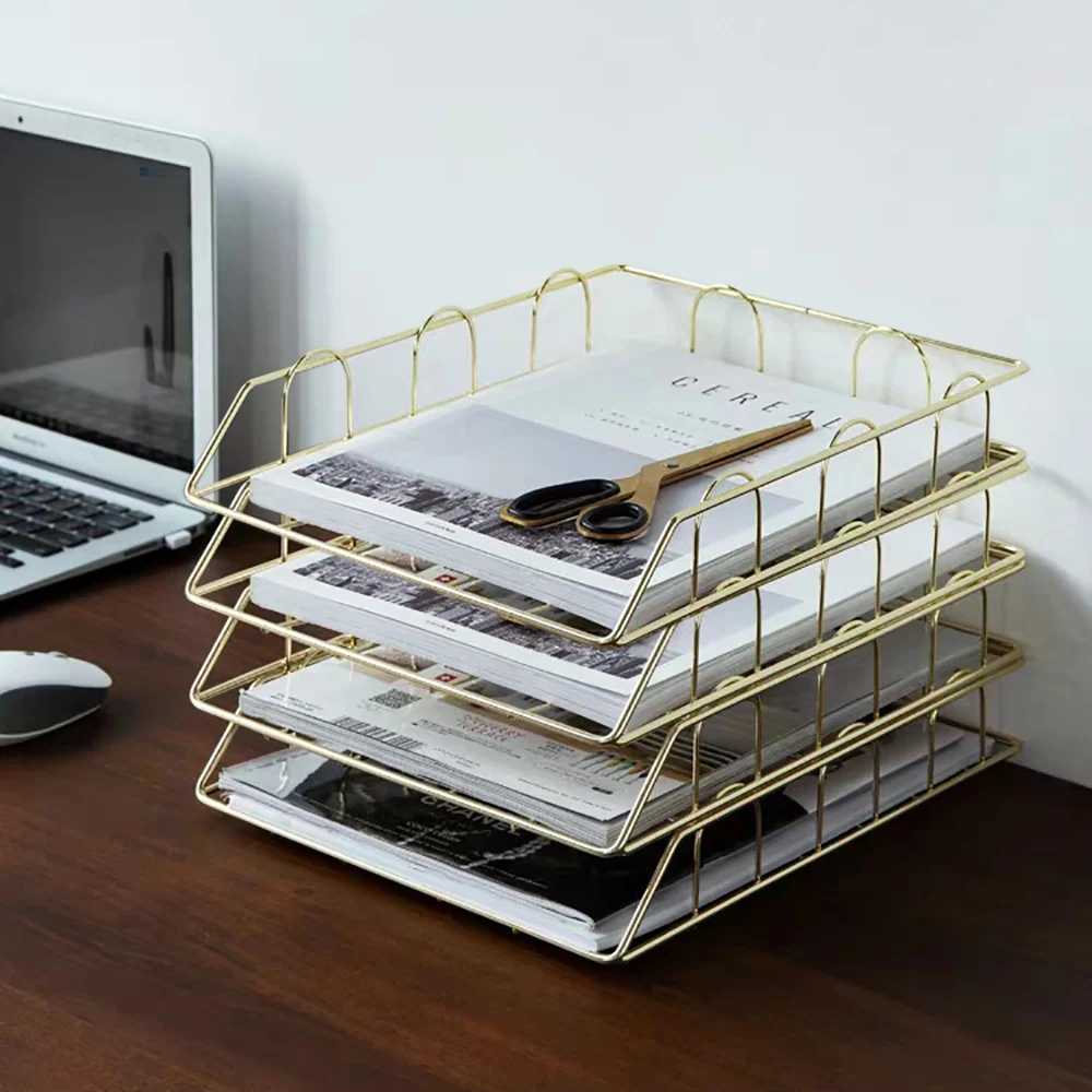 4* Metal Document Trays Build to Last Freestanding Document Trays Economical and Practical Space Saving Gold