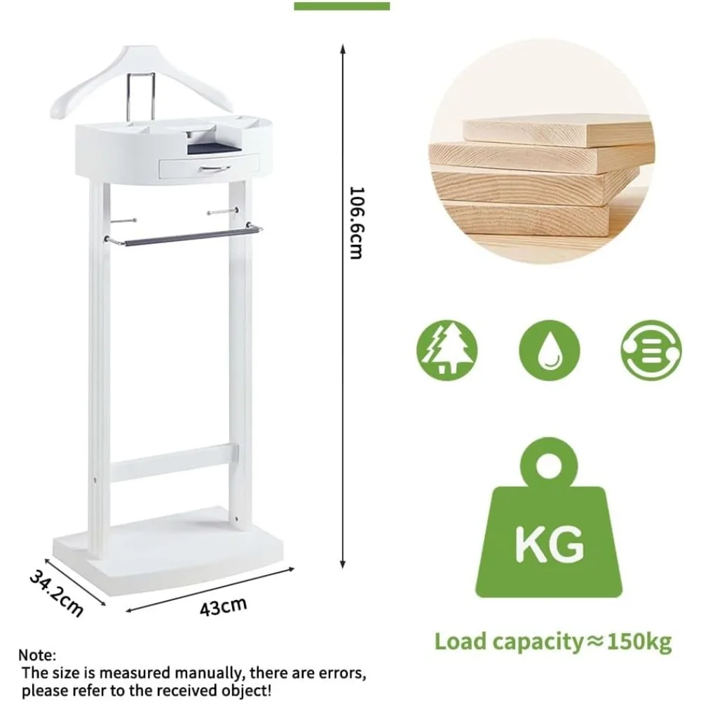 wood suit valet stand with drawer top tray freestanding clothes valet stand with contour hanger trouser bar tie & belt hooks and