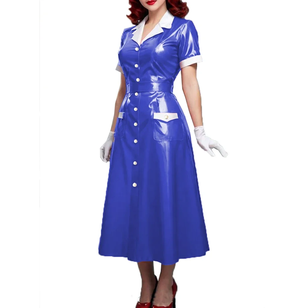 pvc shirt dress Single Row Button Slim Long Dress Lapel Short Sleeves PVC Leather A-line  Dress