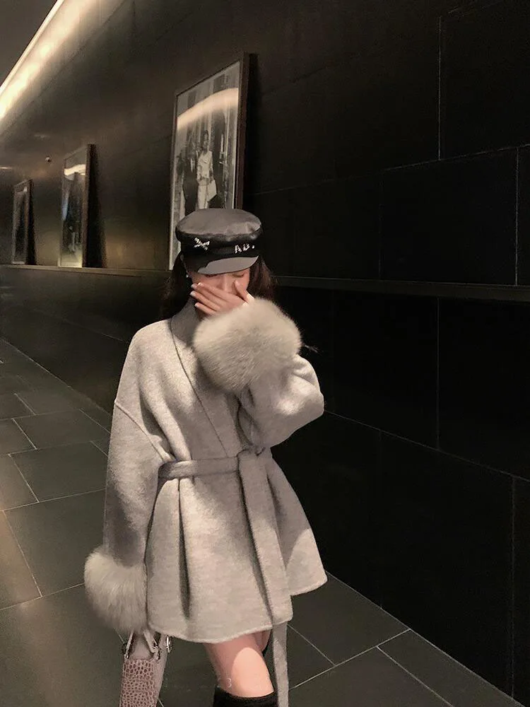 Women Winter Warm Luxury Fox Fur Sleeves Coat With Belt Turn-down Collar Two Side Cashmere Jacket Long Cardigan Loose Overcoat winter women long woolen coat with belt long sleeve turn down collar warm vintage manteau femme casual ladies jacket