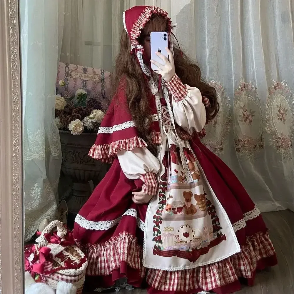 

Christmas Lolita Dress Set Kawaii Red Cloak Sweet Girls Long Sleeve Party OP Victorian Vintage Dress Japanese Harajuku Vestidos