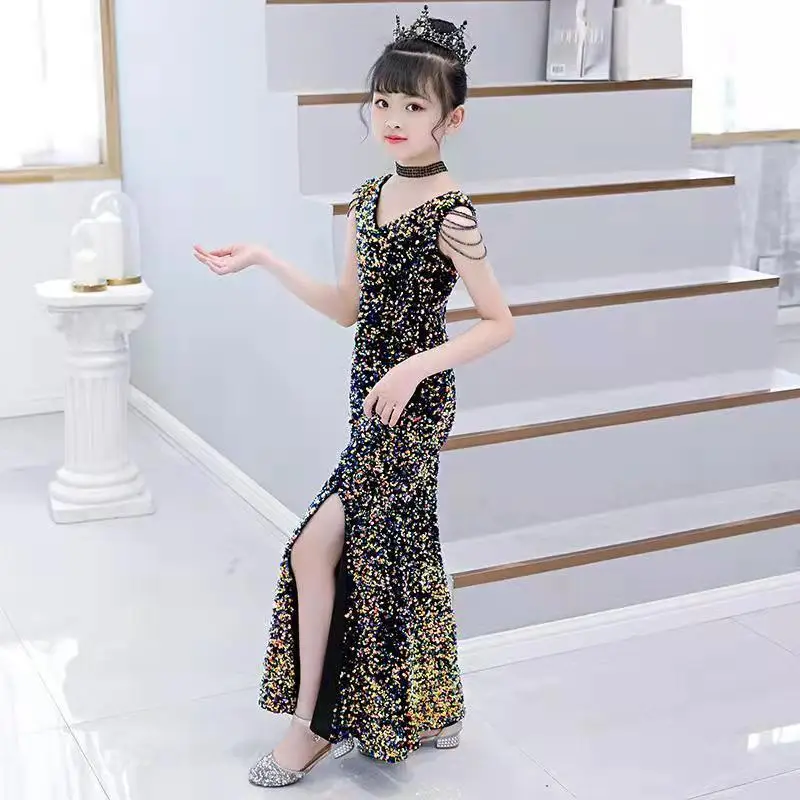 

Girls Sequin Mermaid Dress Dark Blue 3T-14 Year Kids Pageant Bridesmaid Birthday Evening Party Ball Gown Off Shoulder Maxi Prom