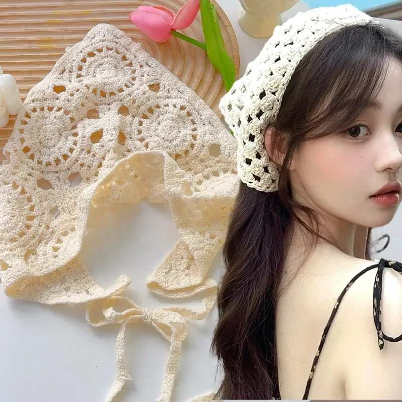 Lace Hollow Out Triangle Hair Scarf Headband Women Girls Cotton Knitted Flower Headbands Summer Travel Literary Photo Headwear