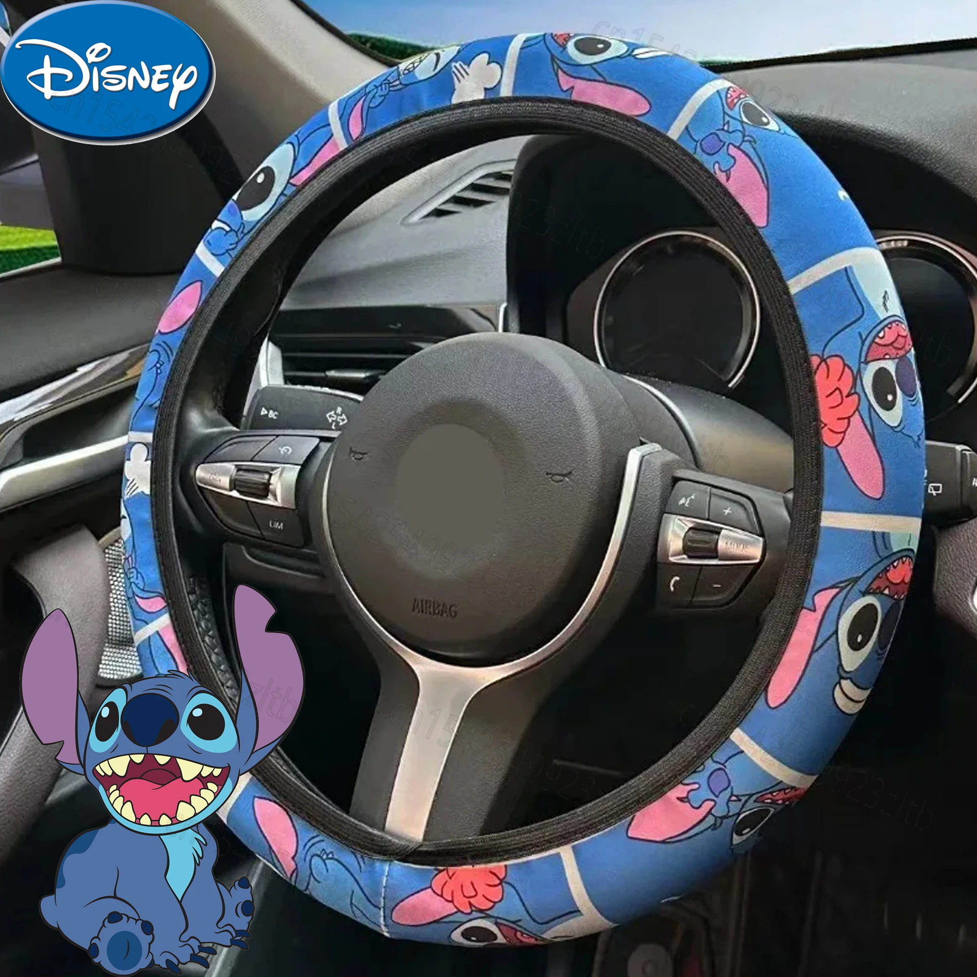 thumbnail image 1 of Funda para volante de 15 pulgadas con diseño de Disney Stitch, accesorios universales para coche con bonitos dibujos de Stitch, para hombres y mujeres, protector de volante, 1 of 5
