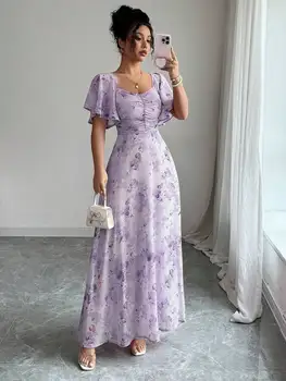 Women's Sweet French Style Mini Dress with Purple Butterfly Print, Batwing Sleeves & Back Zipper 1
