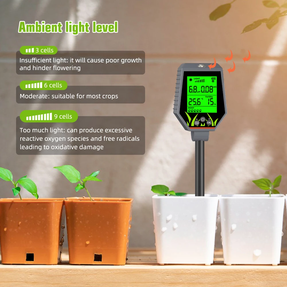 Soil Meter Digital pH Moisture Fertility Light Temp Humidity Analyzer for Garden